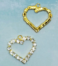 2 pieces - Gold Tone Heart Charms with 18 Clear Rhinestones Pendants Jewelry