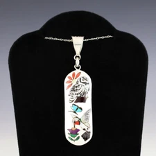 NATIVE AMERICAN ZUNI INLAY HUMMINGBIRD & OWL PENDANT BY QUINTIN QUAM