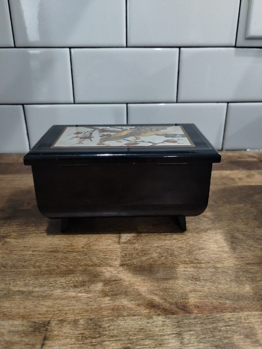 Vintage Japanese Black Lacquer etched Jewelry Music Box Peacock