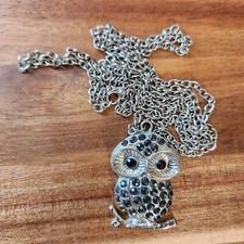 Rhinestone Owl Necklace Silvertone Chain