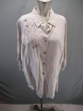 Avenue Size 14/16 Womens Beige Linen 3/4 Sleeve Button Up Embroidered Blouse 028