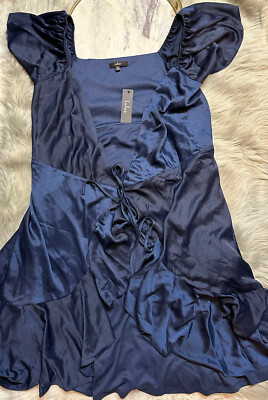 Lulus Women's Size XL Wrap Dress Dark Blue Short Sleeve Open Chest Area NWT
