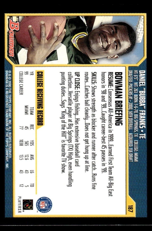 2000 Bowman Bubba Franks Rookie #187 - Image 2 of 2