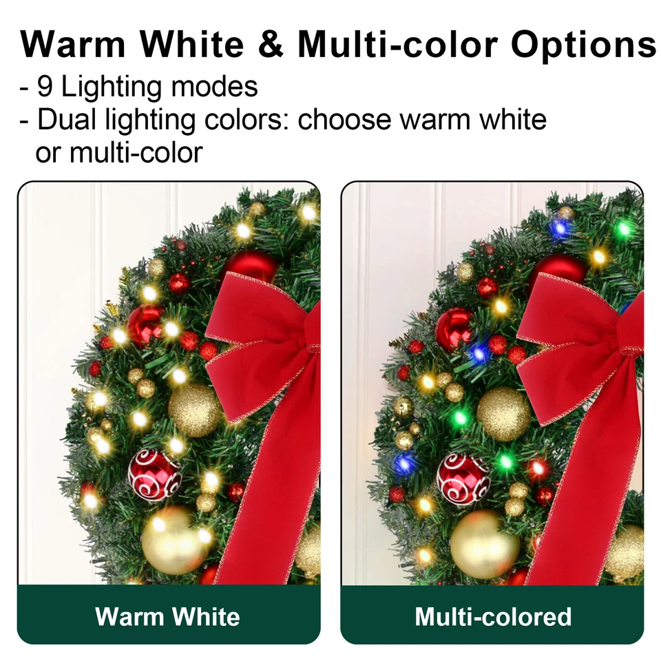 24-дюймовый водонепроницаемый предварительно освещенный рождественский венок дверной венок с подсветкой, пультом дистанционного управления и таймером  - Изображение 3 из 4