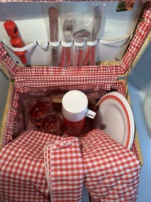 Wicker picnic basket with red gingham lining and service for two by Picnic Time