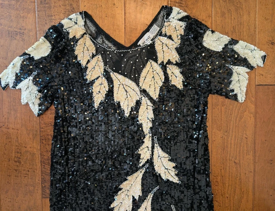 复古 Womans SHO MAX 100% 真丝串珠亮片黑色白色叶子连衣裙尺寸 3X  — 第 4/4 张图片