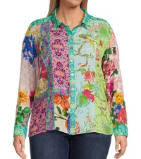 New John Mark 2X Spring Time Print Long Roll-Tab Sleeve Button Front Blouse Top