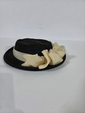 Vintage Black Straw Boater Hat Cream Bow