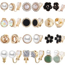 12 Pairs Clip On Earrings for Women Cute Earring Crystal Pearl Stud Charming Fas
