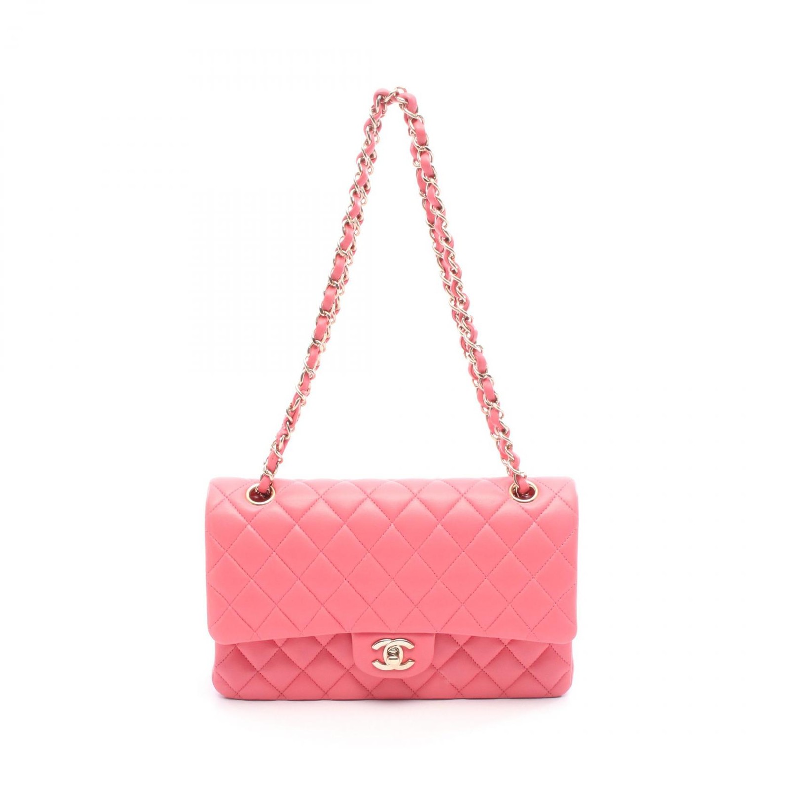 CHANEL Matelasse Double Flap Chain Shoulder Bag A01112 Lambskin Pink GHW Used