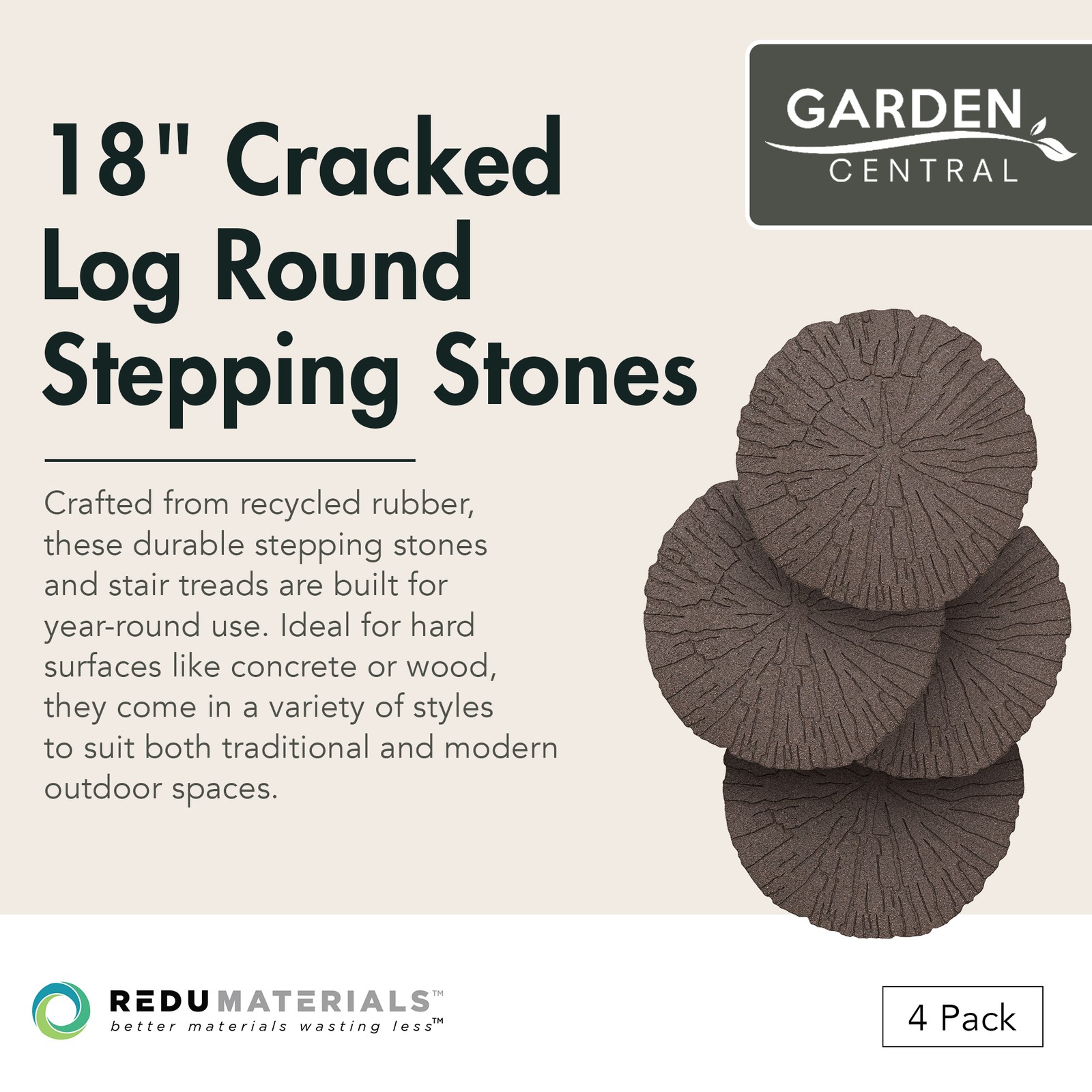 Garden Central 4 Pack 18x18" Cracked Log Round Decorative Stepping Stones, Brown