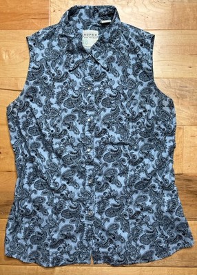 Roper Western Pearl Snap Sleeveless Top Women M Blue Paisley Cowgirl