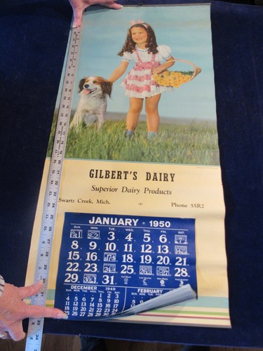Lg Vtg 1950 Gilbert's Dairy Calendar Unmarked Swartz Creek MI Girl w/Dog  Zz8