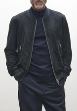 Navy Blue Bomber Leather Jacket Men Pure Suede Size S M L XL XXL Custom Made-329
