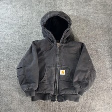 Carhartt Jacket Kids XS Black Canvas Hooded Quilted Lined Workwear Bomber Coat