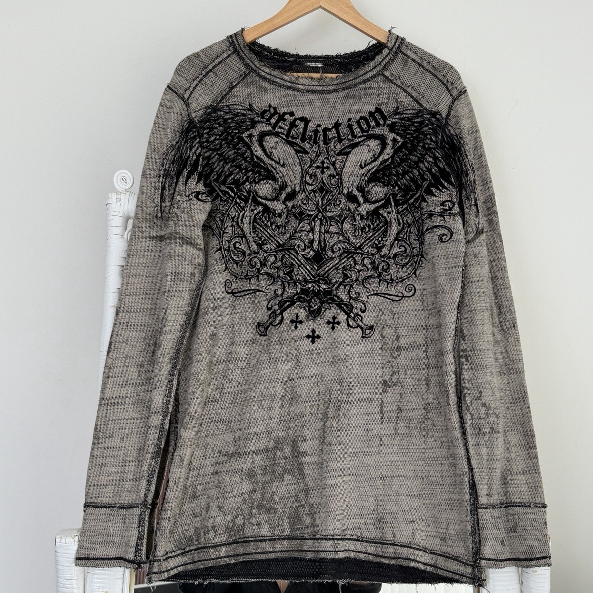 Affliction Reversible Thermal Shirt Mens Large Waffle Knit long