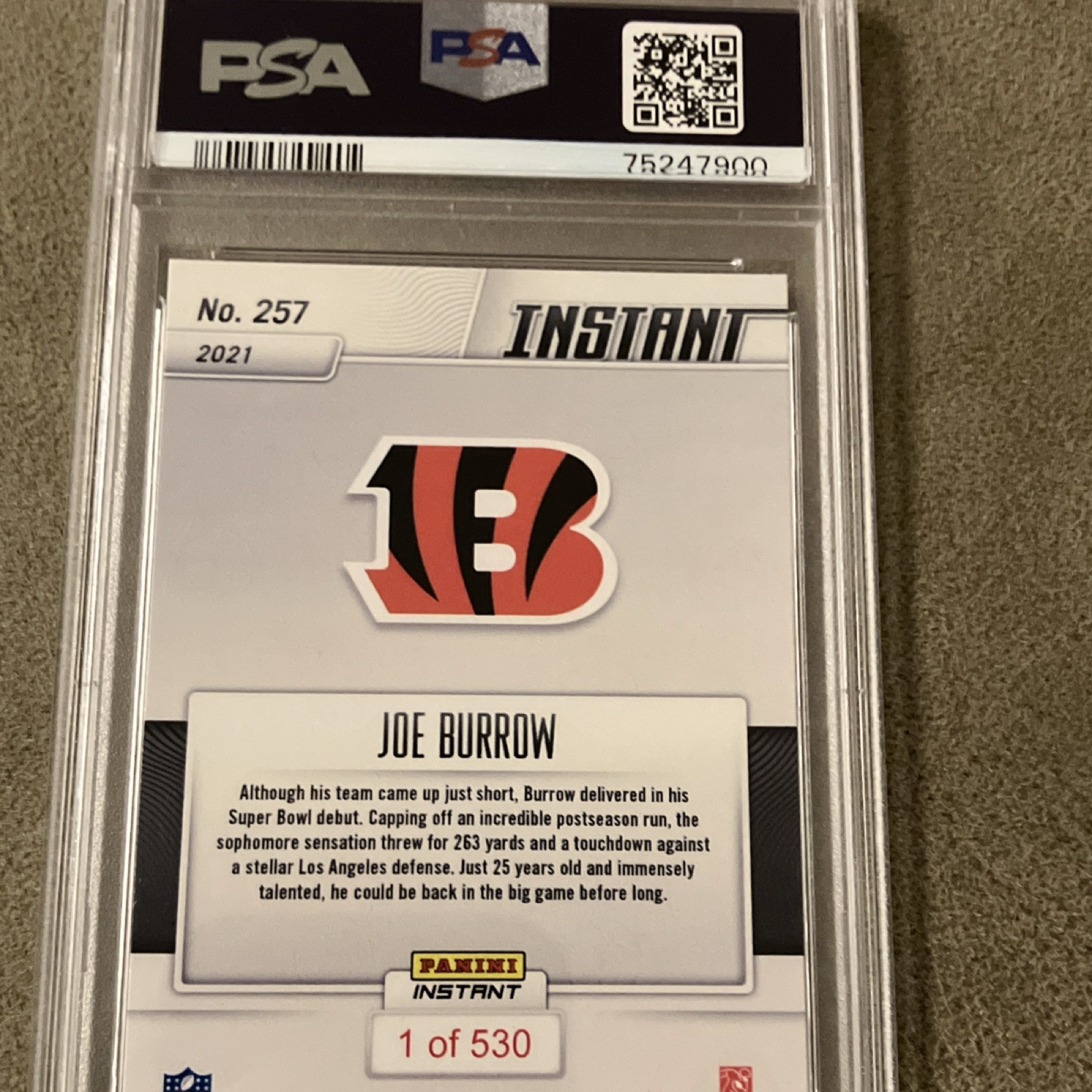 2021 Panini Instant NFL Joe Burrow #257 PSA 10 /530 Bengals Super Bowl LVI view 2
