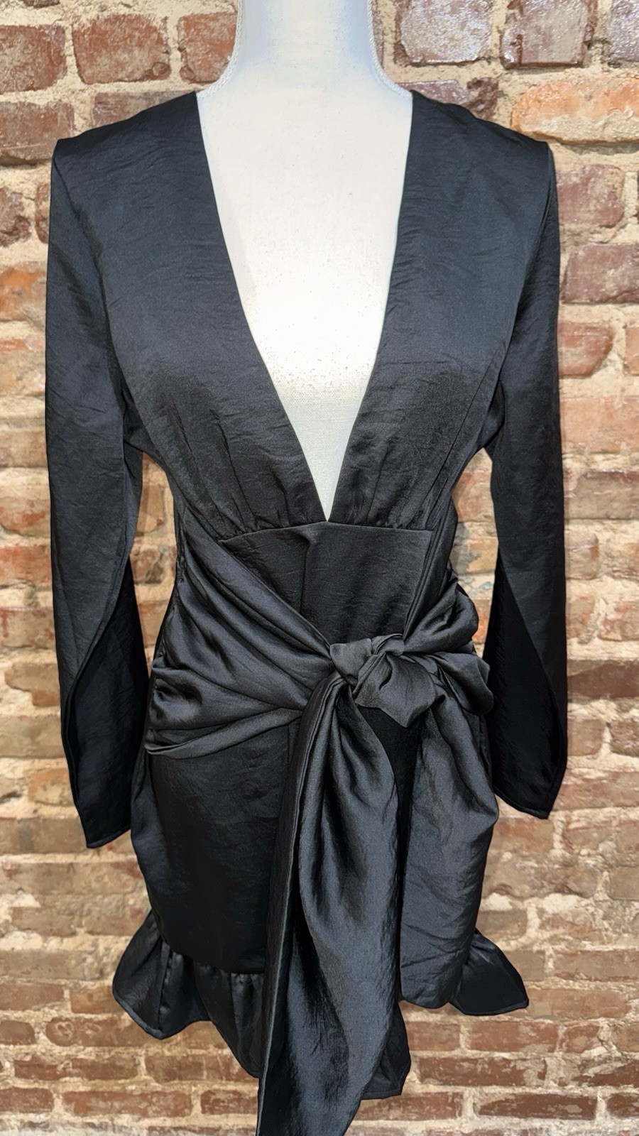 Lola May Womens Plunge Neck Ruffle Hem Black Satin Dress  Sz 14 Large Bow Sash image 2
