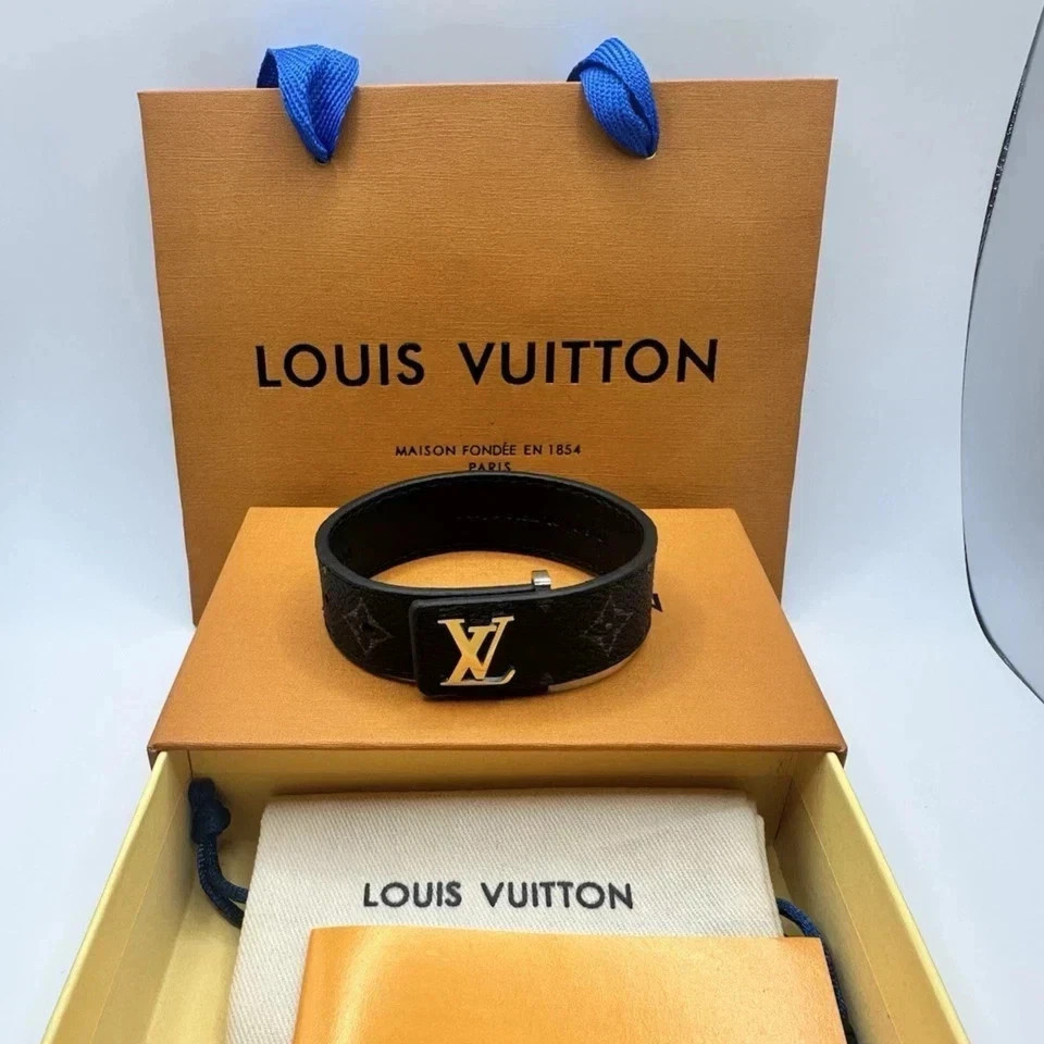 Louis Vuitton Black LV Slim Bracelet Adjustable Size 21 Box And