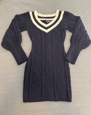 Fashion Nova Women’s S Navy/White Cable Knit V-Neck Long Sleeve Mini Dress