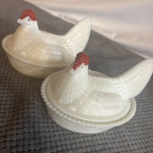 VTG 1940s Westmoreland White Milk Glass Hen on Nest Covered Dish Split Tail X2
