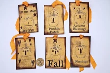 6~Primitive~Fall~Autumn~Pumpkin Blessings~Linen Cardstock~Gift~Hang~Tags