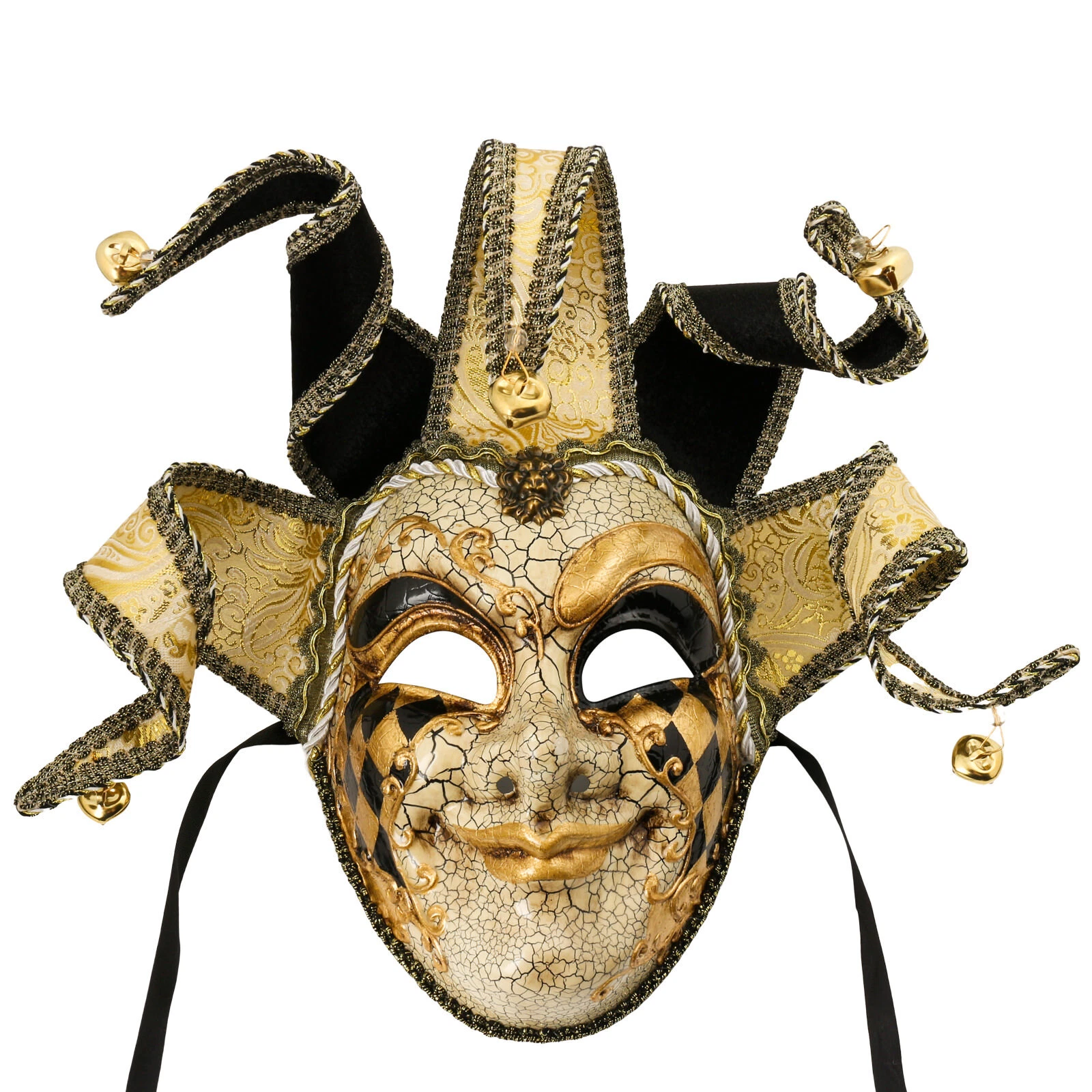 Black Gold Full Face Venetian Mardi Gras Jester Mask for Masquerade