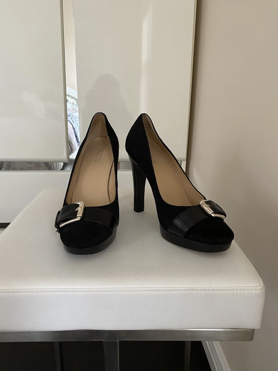 Michael Kors Black Suede High Heel Pumps With A Silver Buckle Size 8