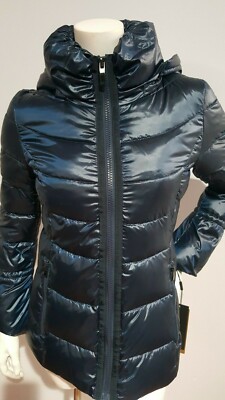 NEW DONNA KARAN NEW YORK QUILTED PUFF DOWN NAVY JACKET W/HOOD SIZE XS 