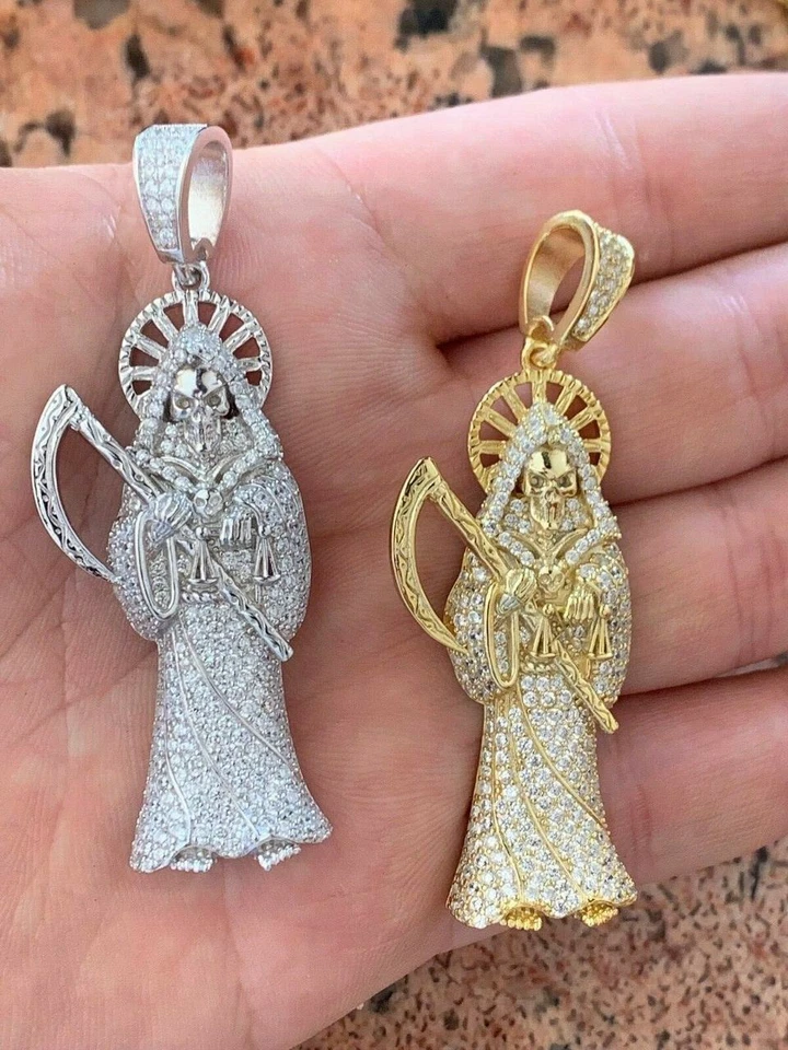 Colgante de la muerte de Santa Muerte Parca enchapado en oro 925 sólido circonita cúbica Foto 2 de 4
