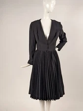 VINTAGE 1950’S NINA RICCI BLACK CREPE DRESS W KNIFE PLEAT SKIRT 