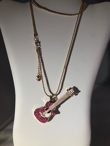 Betsey Johnson Necklace Guitar Gold Crystal Pink Rock N Roll Gift Box - Picture 8 of 12