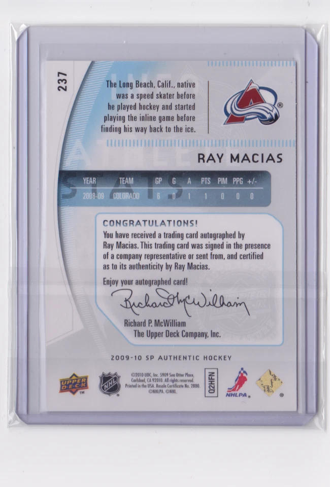 2009-10 UPPER DECK SP AUTHENTIC FUTURE WATCH AUTO /999 RAY MACIAS #237 AVALANCHE - Image 2 of 2