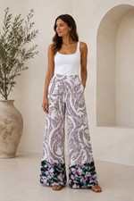 Tahari Women's Linen Wide-Leg Pants Paisley Floral Border Pockets Button