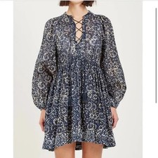 ULLA JOHNSON Asimar Blue Floral Cotton Mini Dress Long sleeve Size 0/2