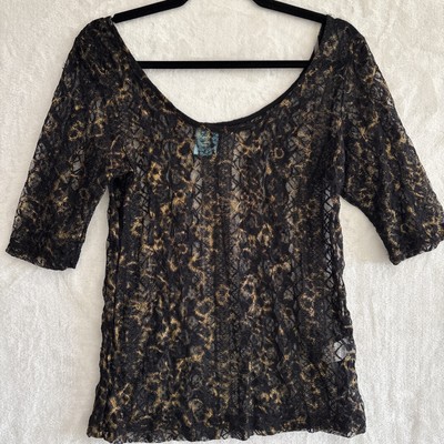 Vintage HIP Y2K Whimsigoth Top M Black Gold Mesh Lace Stretch Ballet USA Made