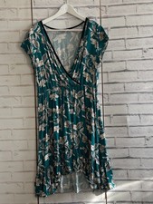 Orsay Dress Teal Green Boho Tropical Floral UK 10 Wrap Neck Jersey Ruffle Tea