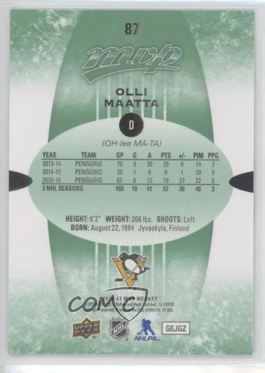 2016-17 Upper Deck MVP Green Olli Maatta #87 - Image 2 of 2