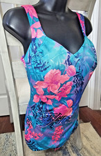Le Cove 1-Piece Skirted Swimsuit Size 14 Floral Purple Pink 80s 90s Retro Pin Up