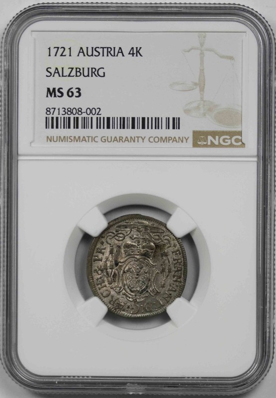 1721 Austria Salzburg 4 Silver Kreuzer NGC MS 63 Holy Roman Empire
