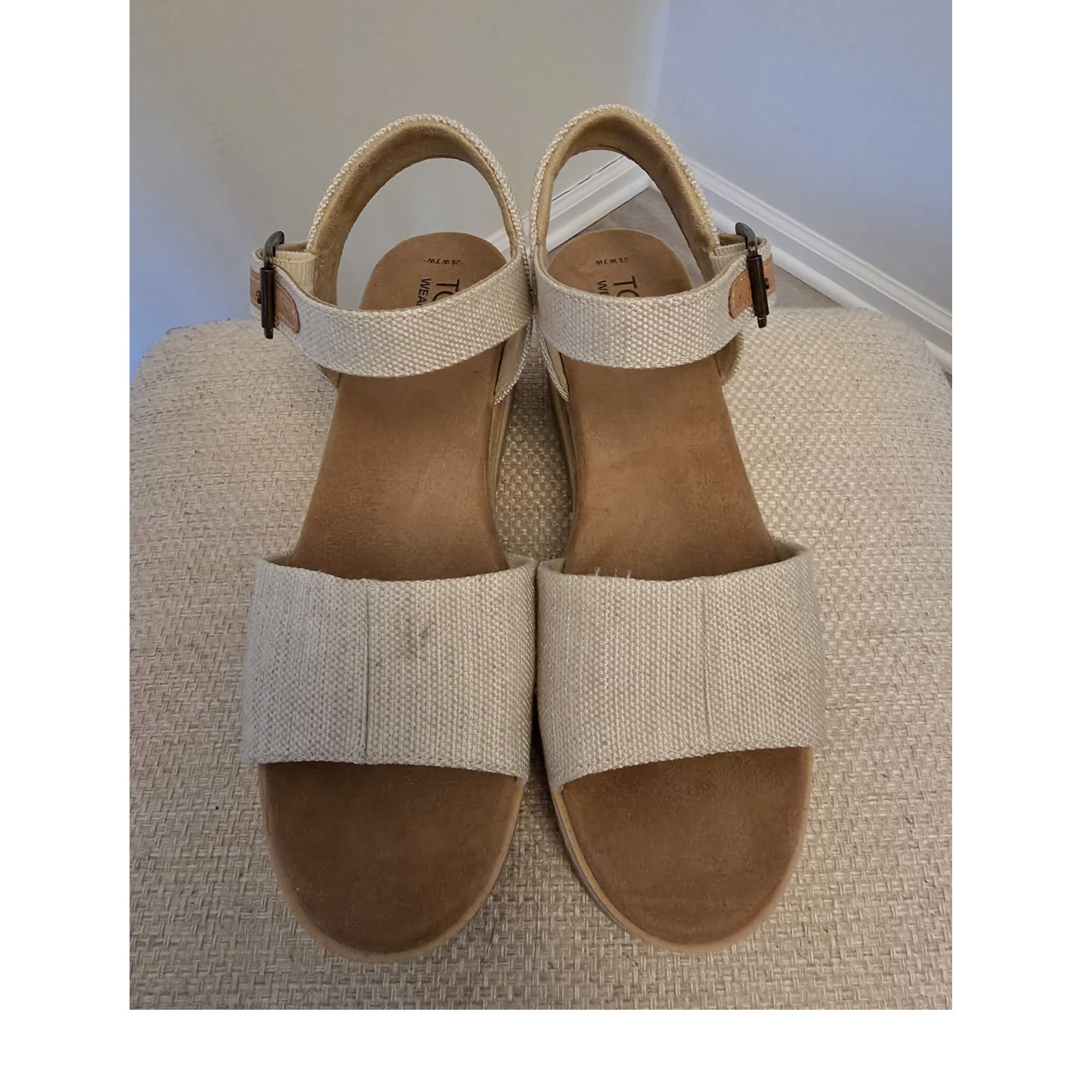 TOMS Women's Beige Strappy Wedge Sandals Buckle Adjustable Strap Size 7