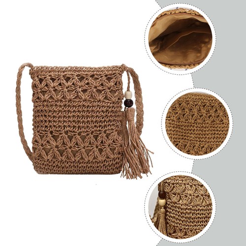 3 Pieces Messenger Bag Women's Vacation Beach Straw Tassel Hand-woven Crossbody - Picture 10 of 12
