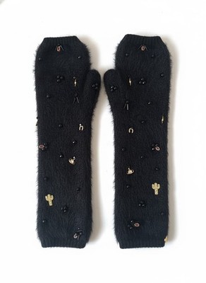 ADIBA Black Fingerless Fuzzy Arm Space Charms Handmade Gloves