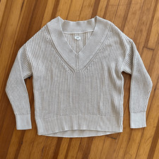 Aerie Rib Knit V-Neck Slouchy Cotton Sweater in Sandalwood Size S