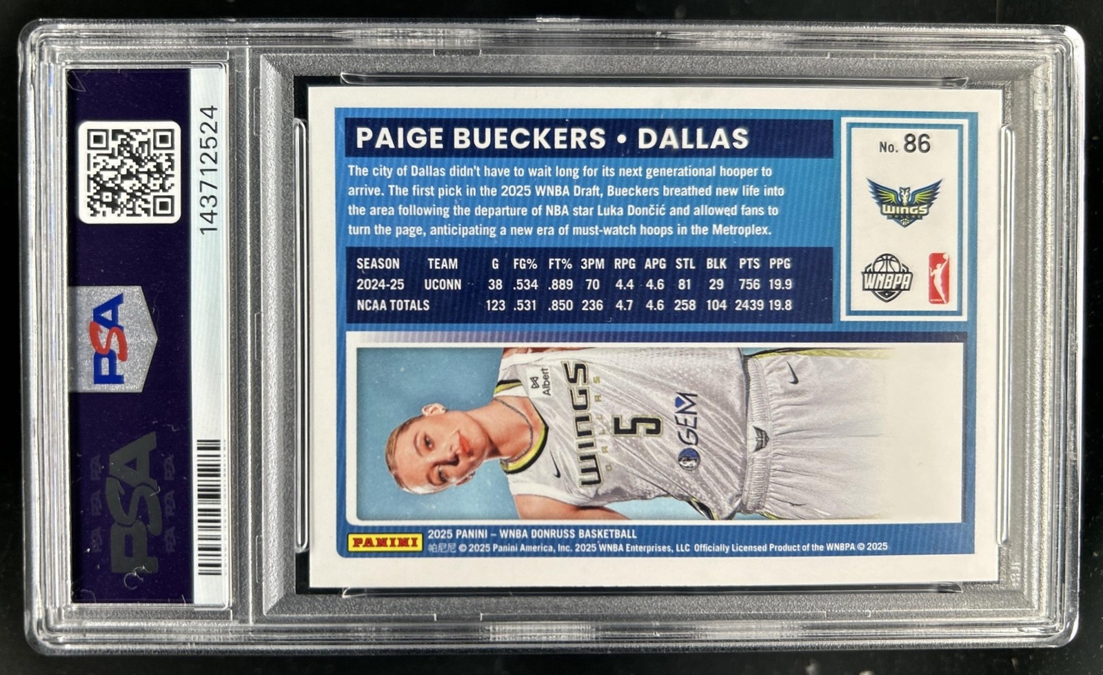 2025 Panini Donruss WNBA Paige Bueckers Rated Rookie Holo RC #86 Wings PSA 10 view 2
