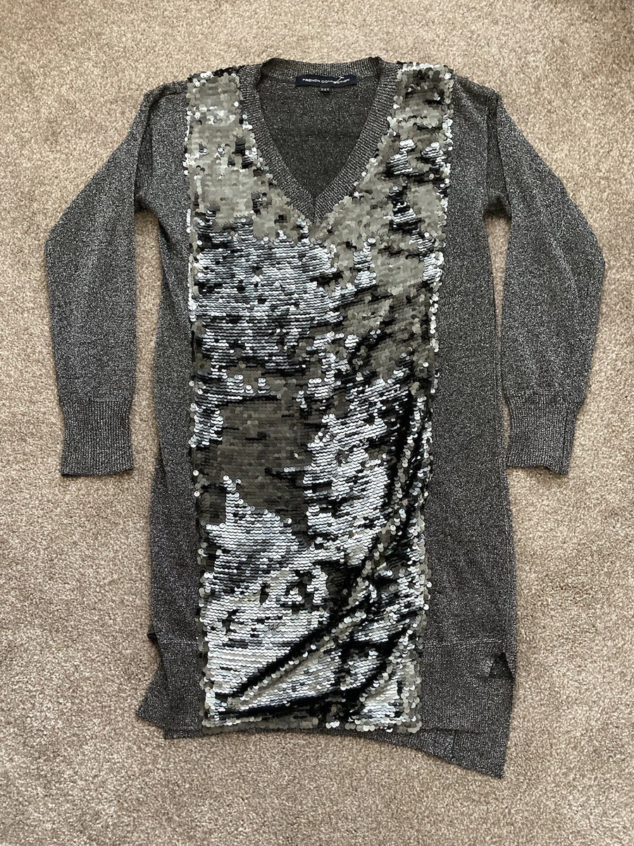French Connection Silver Sequin V Neck Long Sleeve Lurex Stretch Sweater Dress 8