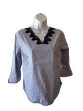 Talbots Tunic Blouse MP Blue Stripe Embroidered VNeck 3/4 Sleeves Lagenlook Boho