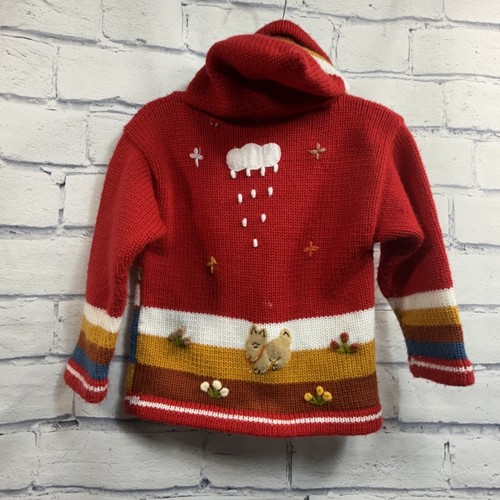 Peru Handmade Kids Knitted Felt Applique Embroidery Full Zip Hooded Sweater Sz 4 - Picture 6 of 7