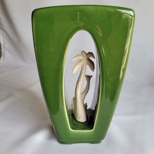 Howard Pierce Green Vase with Giraffe and Palm Tree Claremont California MCM - Picture 2 of 8