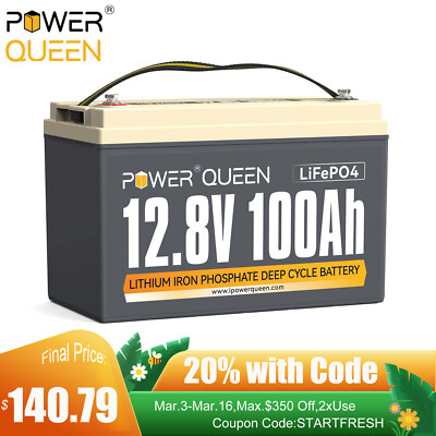 Power Queen 12V 100Ah LiFePO4 Lithium Battery Deep Cycle BMS for Solar RV Boat